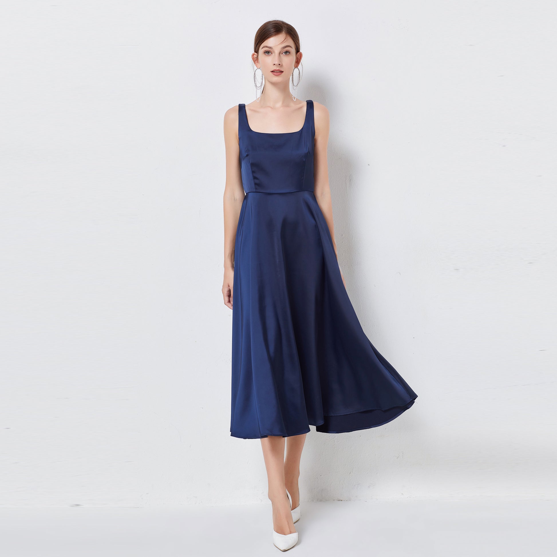 Navy Blue Sleeveless Elegant Satin Dress with Belt