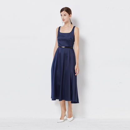 Navy Blue Sleeveless Satin Dress