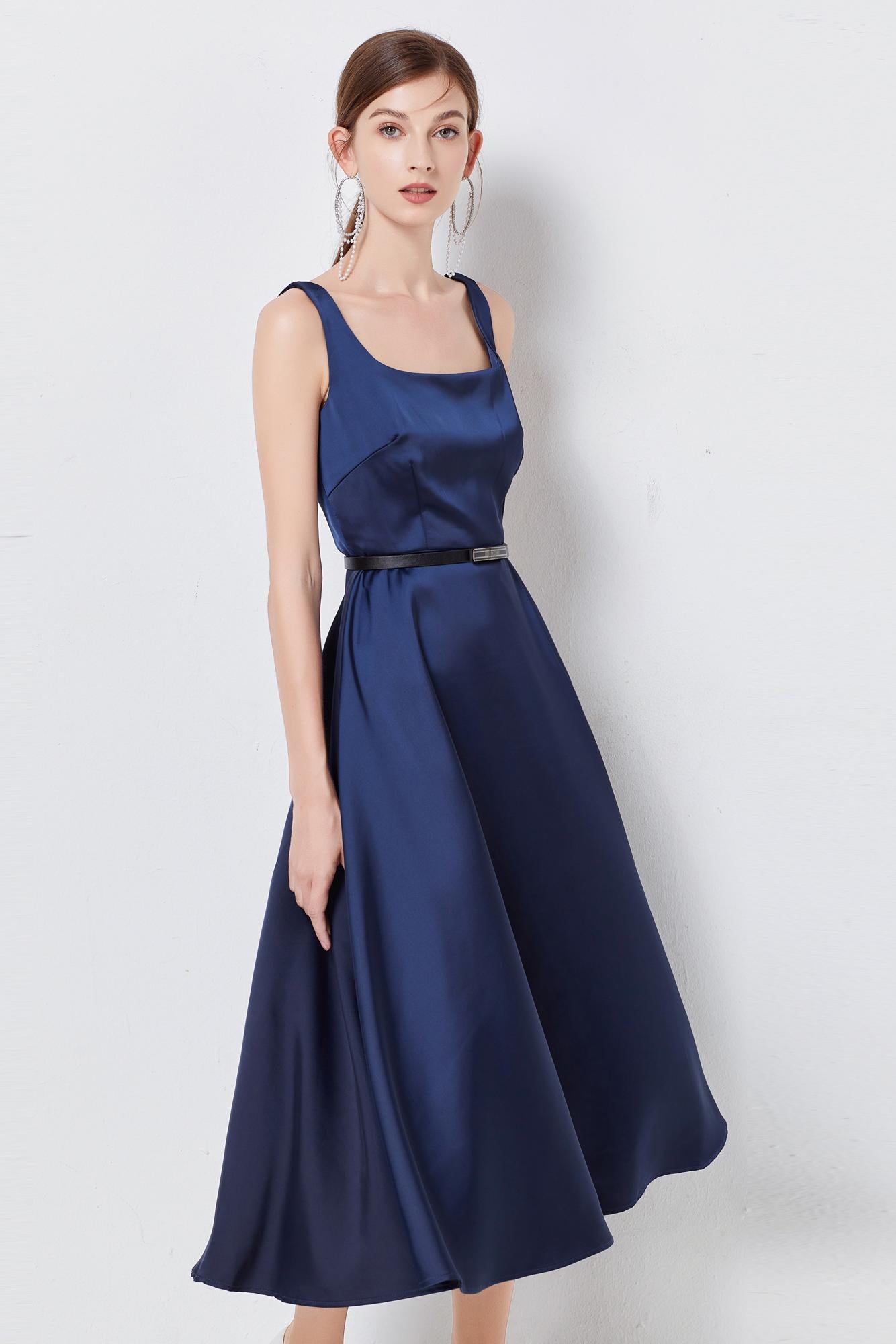Navy Blue Sleeveless Elegant Satin Dress with Belt