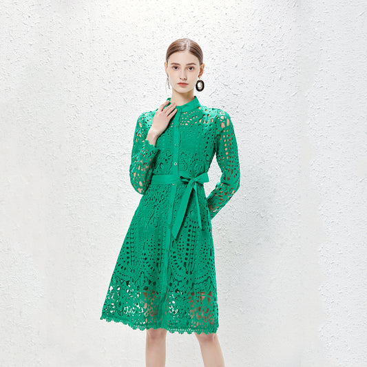 Summer Long Sleeve Lace Hollow Elegant Midi Dress