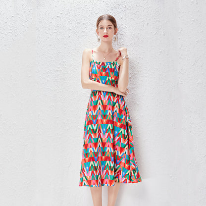 Colorful Sleeveless Summer Vacation Dress With Belt