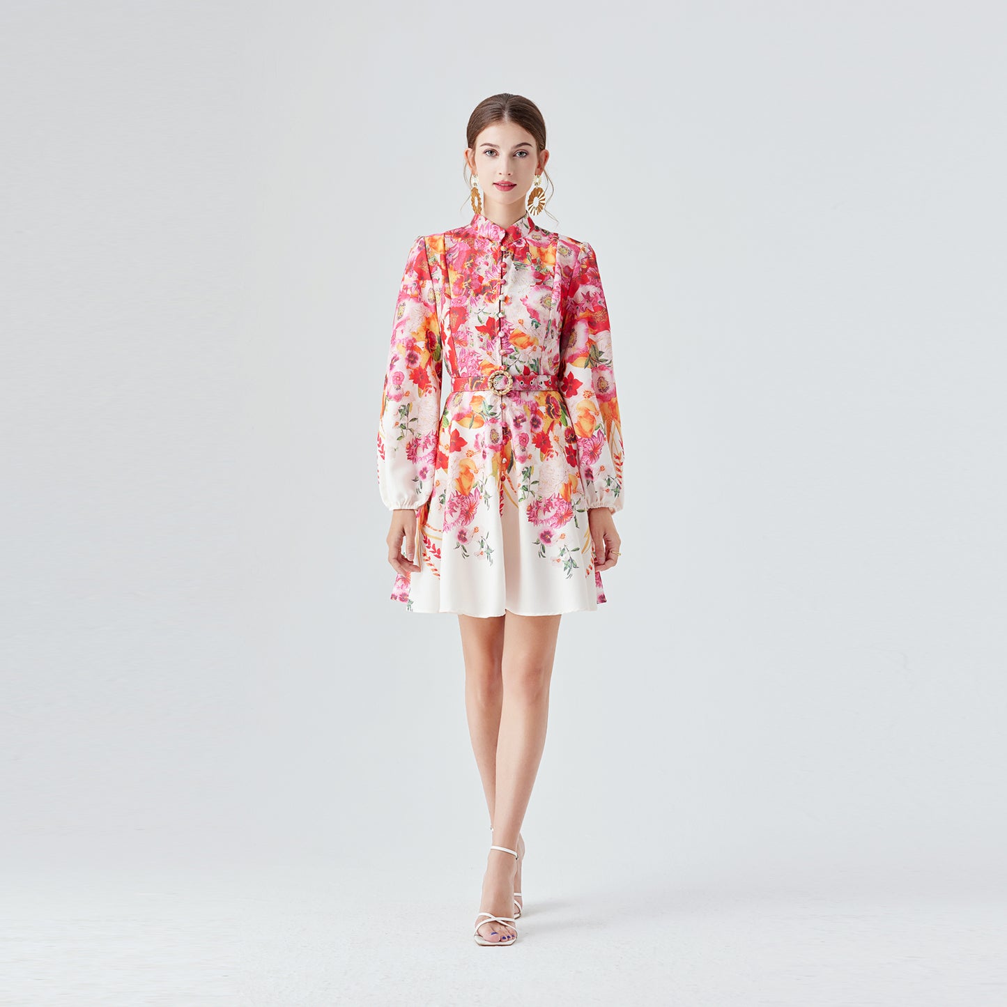 Lantern Sleeve Vintage Floral Dress With Belt