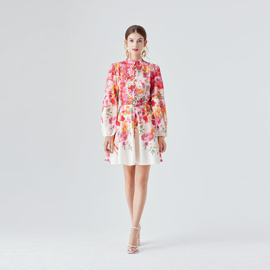 Lantern Sleeve Vintage Floral Dress With Belt