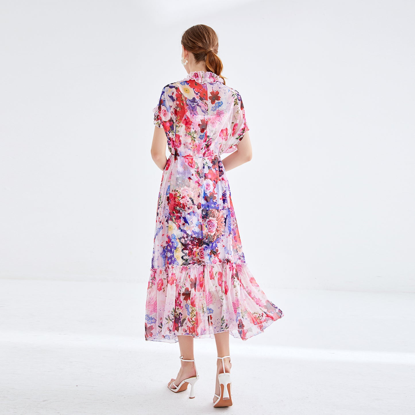 Short Sleeve Lace Ruffled Summer Floral Midi Dress