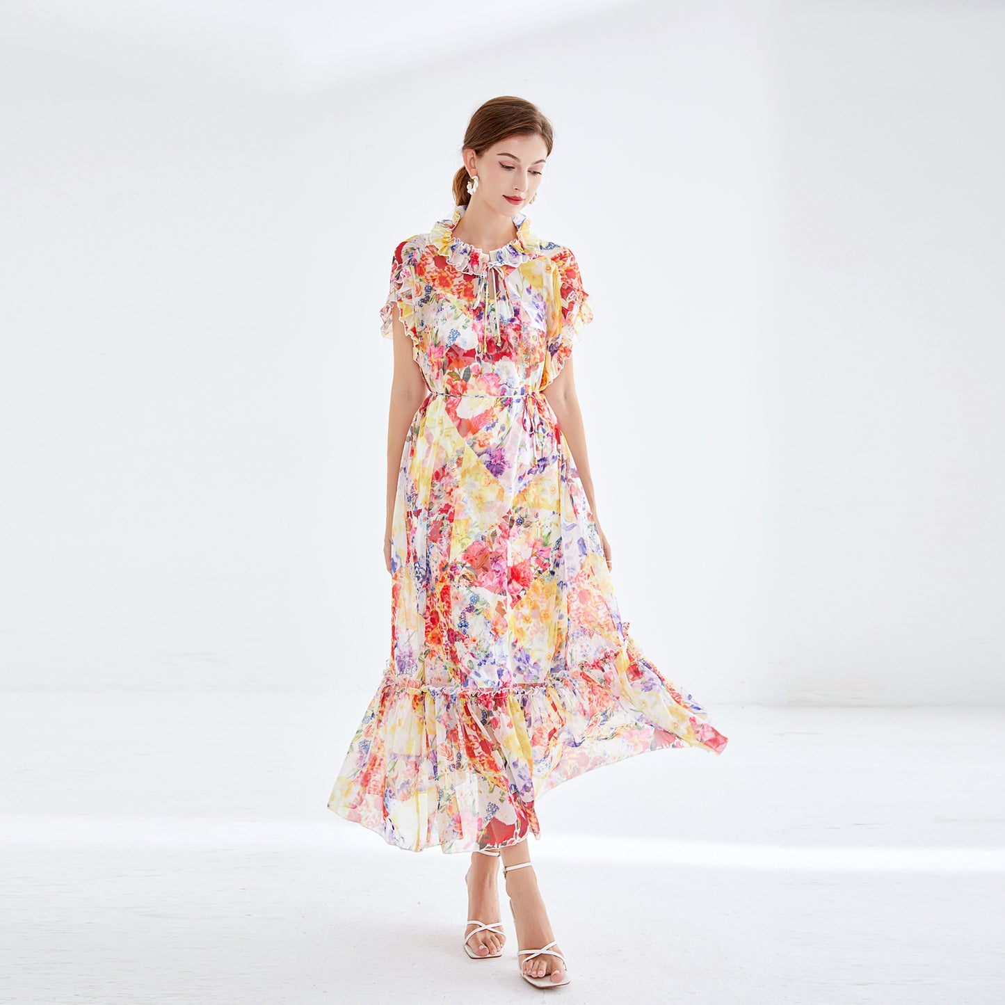 Sleeveless Lace Up Ruffled Floral Midi Dress
