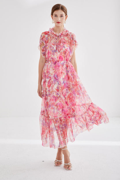 Elegant Printed Lace Loose Ruffled Floral Midi Dress