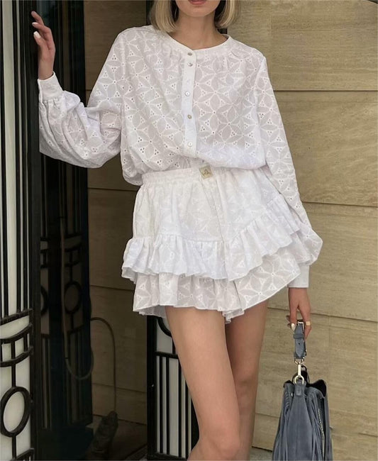 French Slim Fit Lace Long Sleeve Shirt Shorts Suit