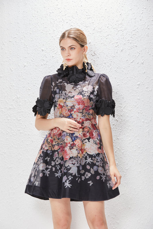 Short Sleeve Floral Print Lace Up Mini Dress