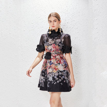 Short Sleeve Floral Print Lace Up Mini Dress