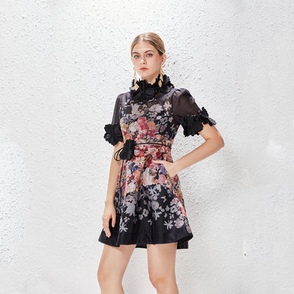 Short Sleeve Floral Print Lace Up Mini Dress