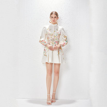 Elegant Stand Collar Lantern Sleeve Floral Mini Dress