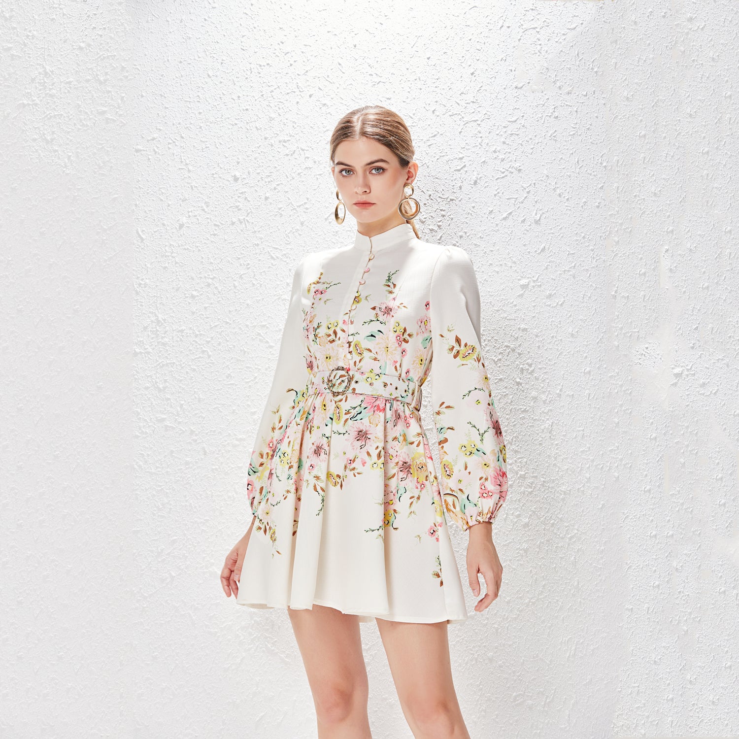 Elegant Stand Collar Lantern Sleeve Floral Mini Dress