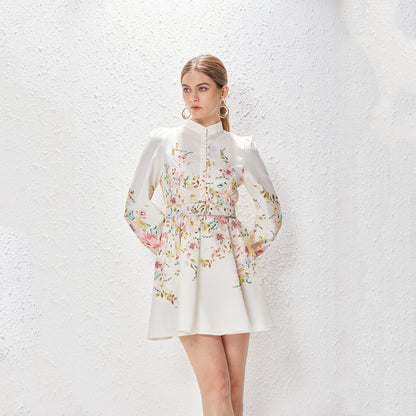 Elegant Stand Collar Lantern Sleeve Floral Mini Dress
