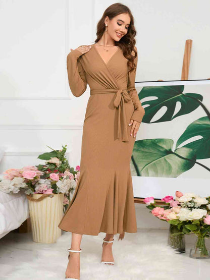 Elegant Surplice Neck Tie Waist Dress