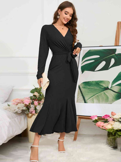 Elegant Surplice Neck Tie Waist Dress