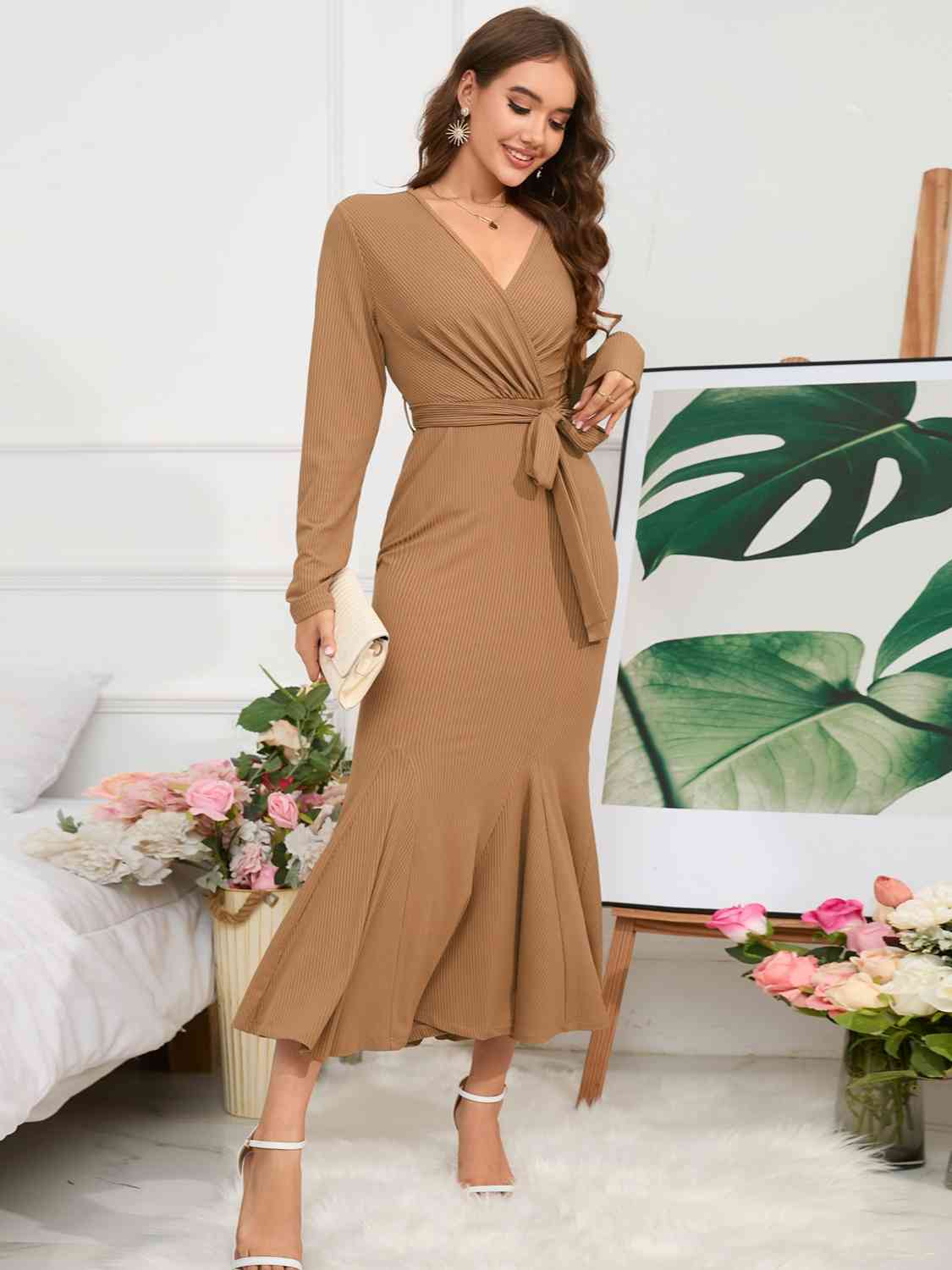 Elegant Surplice Neck Tie Waist Dress