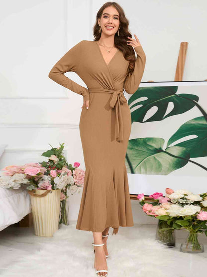 Elegant Surplice Neck Tie Waist Dress