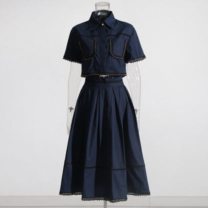 French Elegant Ruffled Shirt High Waist Midi A-Line Skirt Set