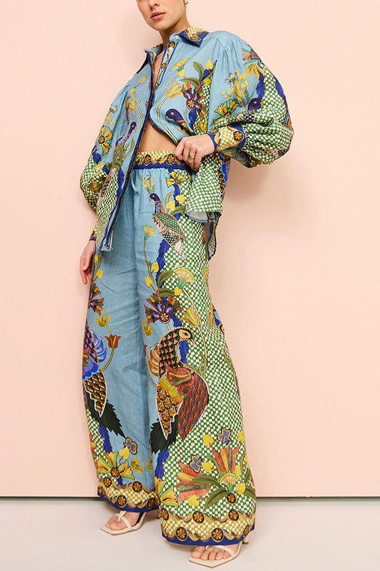 Autumn Personalized Printed Puff Sleeve Two Piece Suit