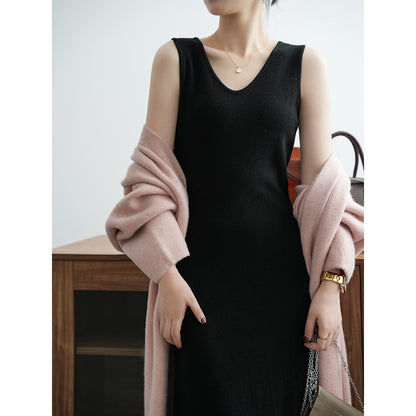 French Laziness Knitted Vest Dress Women Spring Simple Slimming Dress