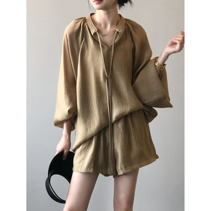 Women Summer Long Sleeve Shirt Wide Leg Shorts