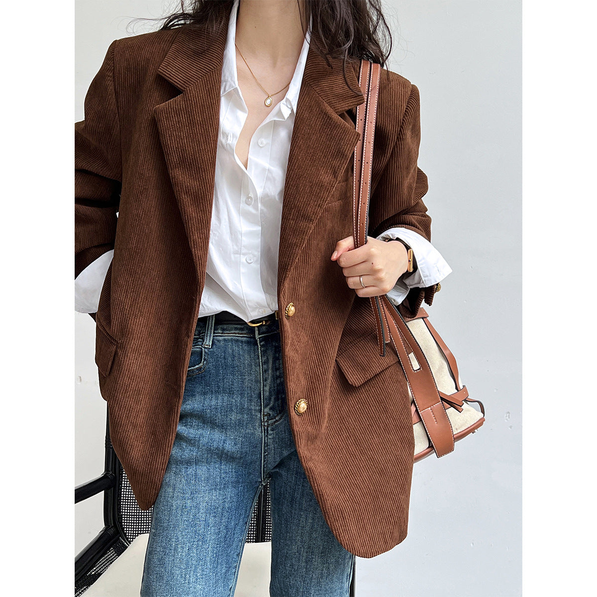 Retro Metal Buckle Corduroy Blazer