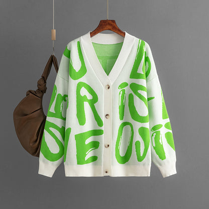 Letter Graphic Brocade Sweater Cardigan