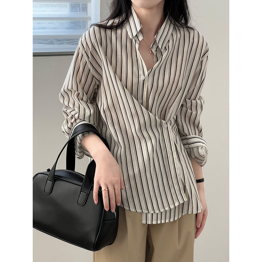French Vertical Striped Shirt Women Autumn Niche Long Sleeve Shirt