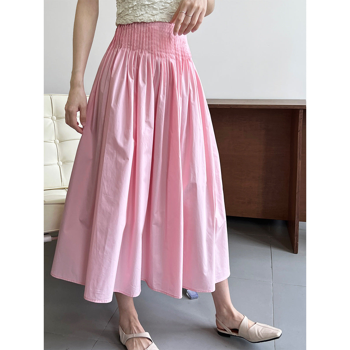 Pink High Waist Pleated Puffy A Line Skirt Mid Length Sweet Umbrella Skirt Women