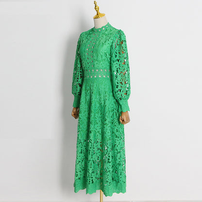 Embroidery Hollow Out Cutout Large Swing Puff Sleeve Dress