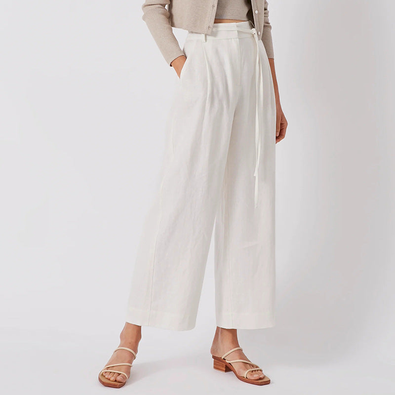 Pure Linen Lace Up Cropped Wide Leg Pants