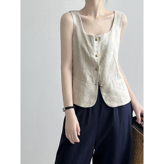 Retro Linen Vest Square Collar Sleeveless Short Top