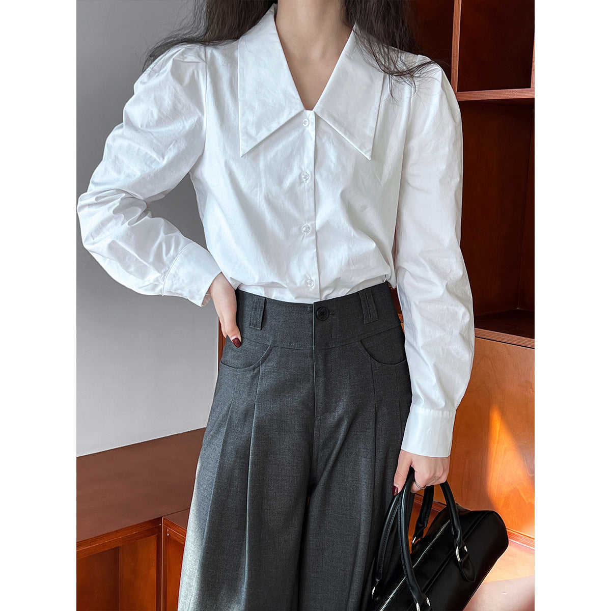 French Office Doll Collar Shirt for Women Spring Simple Long Sleeve Pointed Collar Shirt