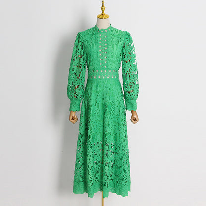 Embroidery Hollow Out Cutout Large Swing Puff Sleeve Dress