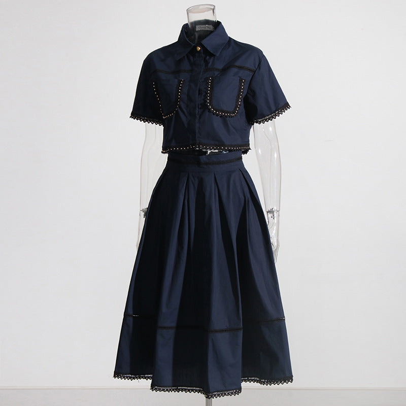 French Elegant Ruffled Shirt High Waist Midi A-Line Skirt Set