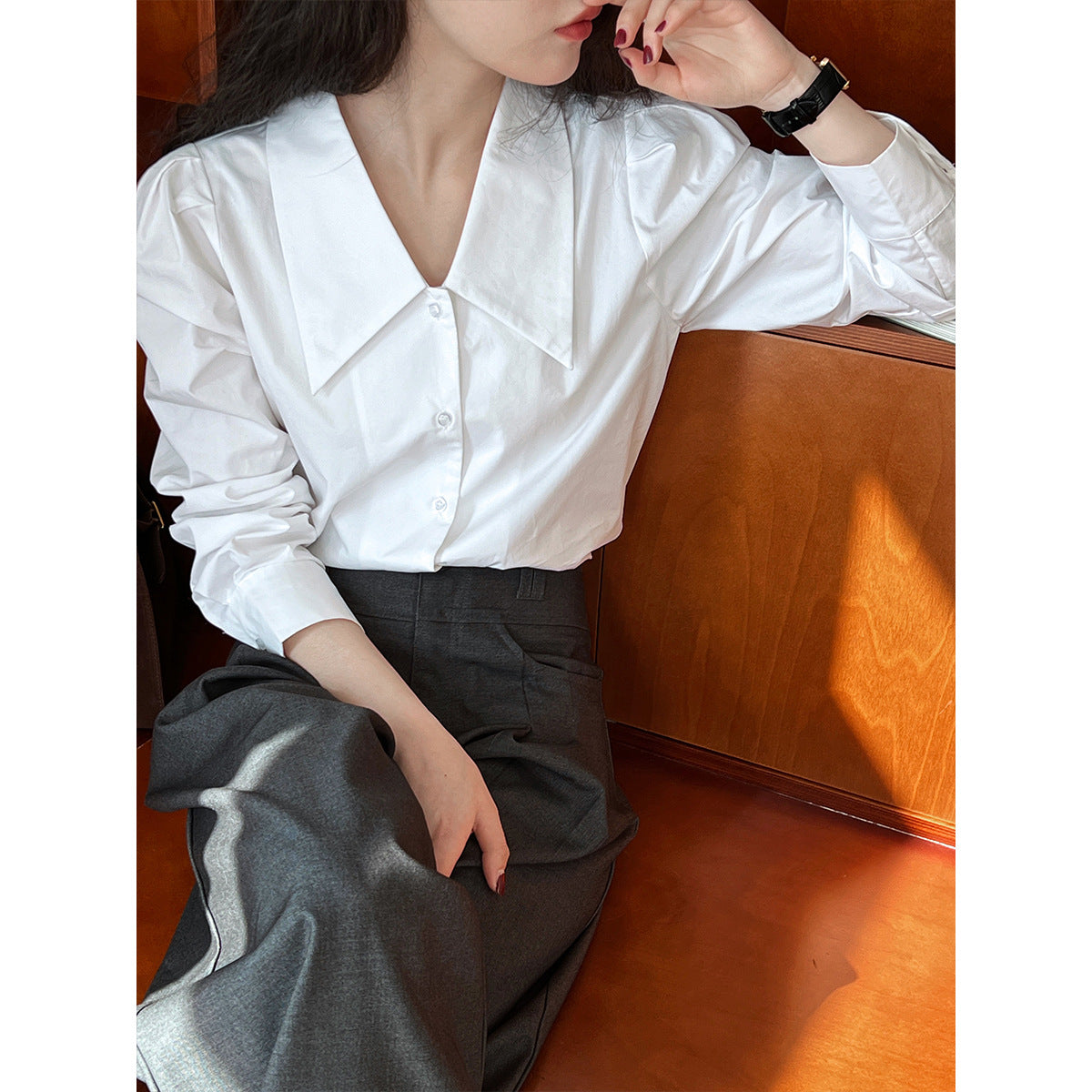 French Office Doll Collar Shirt for Women Spring Simple Long Sleeve Pointed Collar Shirt