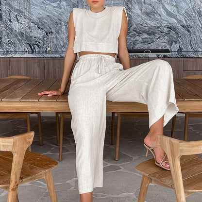 Padded Shoulder Sleeveless Top Trousers Two Piece Set