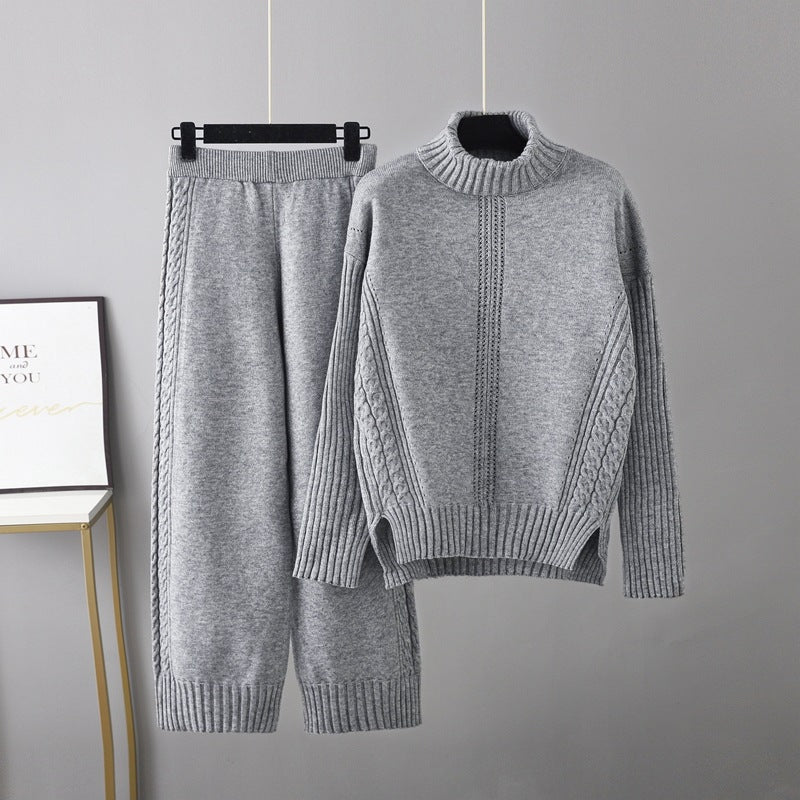 Turtleneck Pullover Thickened Knitting Sweater Casual Set Women Autumn Winter Loose Idle Wide Leg Pants Two Piece Set