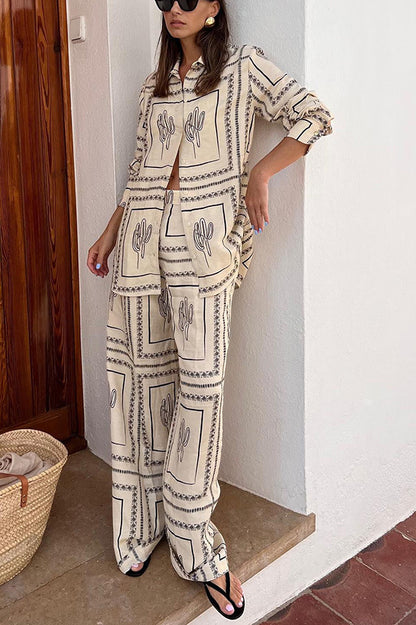 Printed Long Sleeved Shirt Trousers Two Piece Suit Home Wear