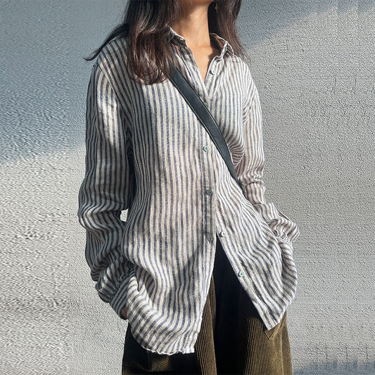 Linen Striped Long Sleeved Cardigan Niche Casual Shirt
