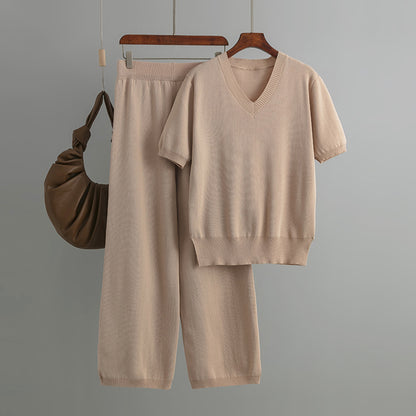 V Neck Knit Sweater Top & High Waist Casual Trousers Set