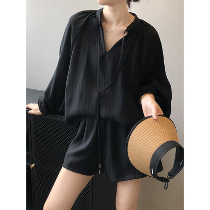 Women Summer Long Sleeve Shirt Wide Leg Shorts