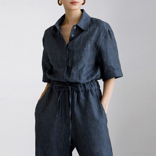 Pure Linen Jumpsuit Short Sleeve Loose Slimming Casual Pants