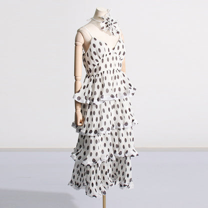 French Artistic Polka Dot Retro Tiered Dress