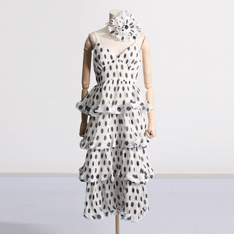 French Artistic Polka Dot Retro Tiered Dress