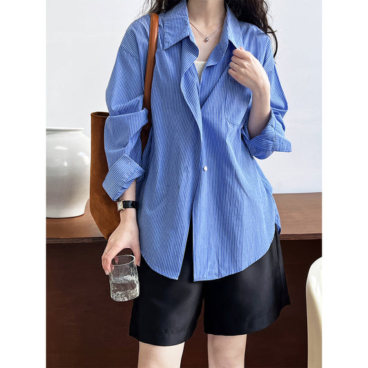 Elegant Striped Lace up Wear Drop Shoulder Sleeve Shacket