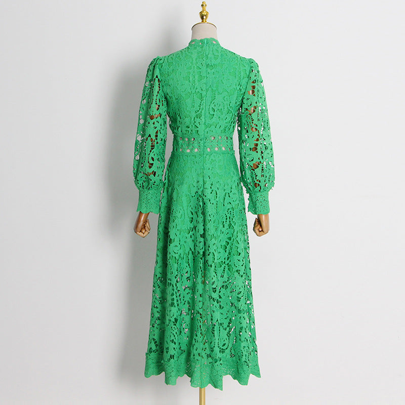 Embroidery Hollow Out Cutout Large Swing Puff Sleeve Dress