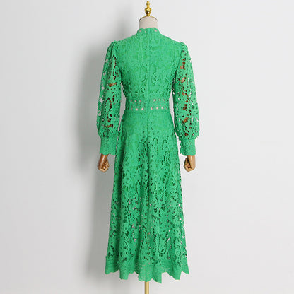 Embroidery Hollow Out Cutout Large Swing Puff Sleeve Dress