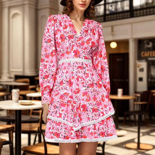 V Neck Long Sleeve High Waist Floral Mini Dress