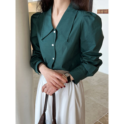 French Office Doll Collar Shirt for Women Spring Simple Long Sleeve Pointed Collar Shirt